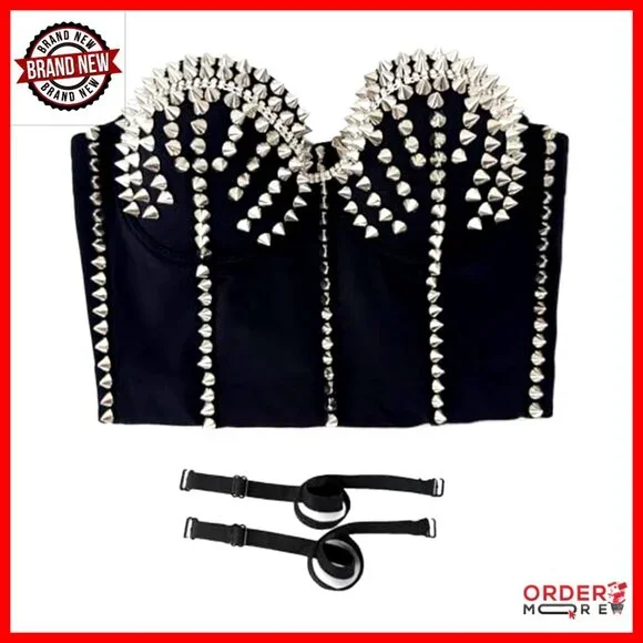 Metal Studs Bustier Crop Top Corset Rock Style Push Up Padded Underwire - Picture 4 of 7